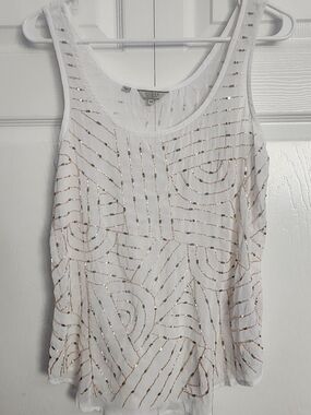 GUESS Y2K White Sheer Tank Top, Pink Beaded Gold Sequin Glam, Womens XS